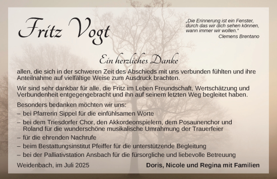 Traueranzeige von Friedrich Vogt von Ansbach