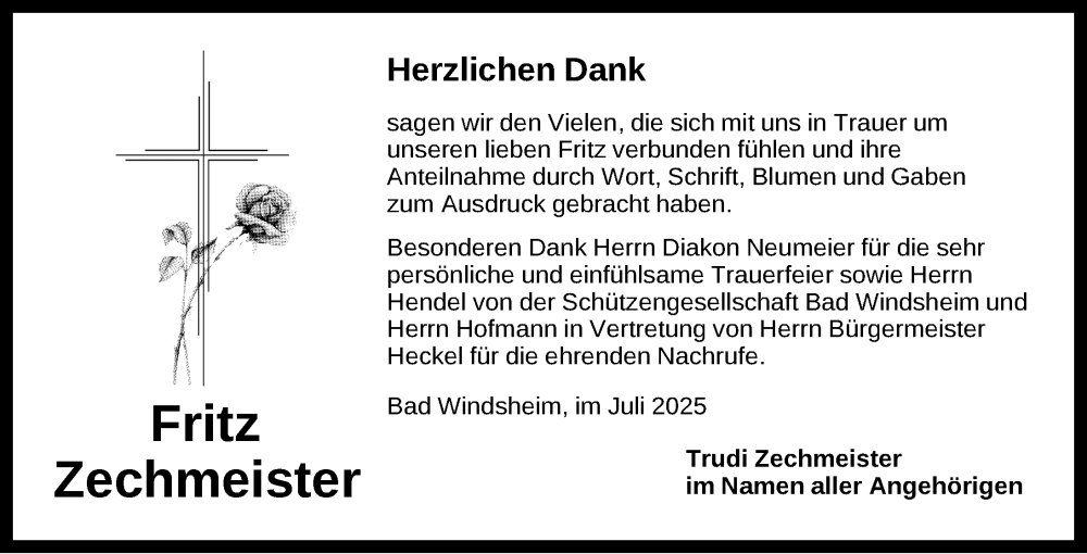  Traueranzeige für Fritz Zechmeister vom 04.07.2025 aus Neustadt/ Scheinfeld/ Uffenheim
