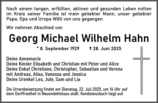 Traueranzeige von Georg Michael Wilhelm Hahn von Ansbach