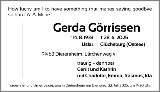 Traueranzeige von Gerda Görissen von Neustadt/ Scheinfeld/ Uffenheim