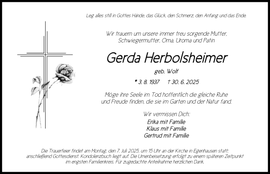 Traueranzeige von Gerda Herbolsheimer von Neustadt/ Scheinfeld/ Uffenheim