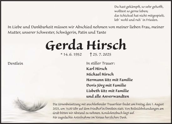 Traueranzeige von Gerda Hirsch von Dinkelsbühl/ Feuchtwangen