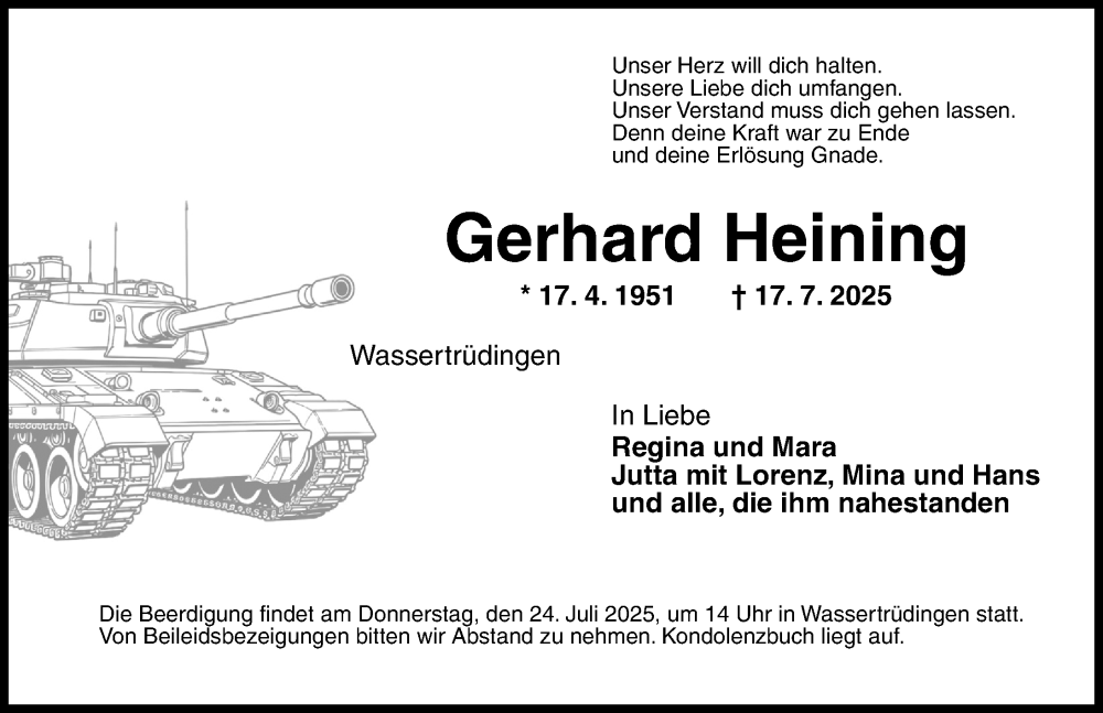  Traueranzeige für Gerhard Heining vom 19.07.2025 aus Dinkelsbühl/ Feuchtwangen