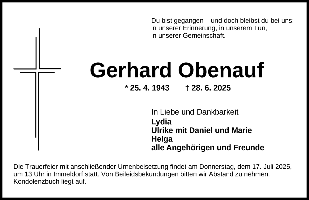  Traueranzeige für Gerhard Obenauf vom 12.07.2025 aus Ansbach