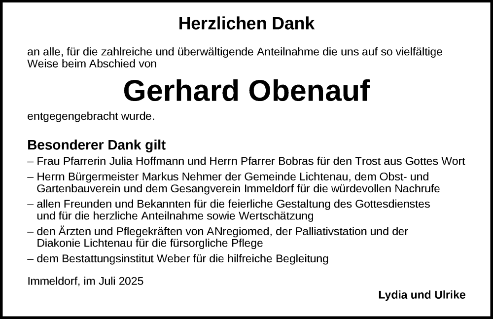  Traueranzeige für Gerhard Obenauf vom 26.07.2025 aus Ansbach