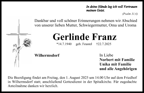 Traueranzeige von Gerlinde Franz von Neustadt/ Scheinfeld/ Uffenheim