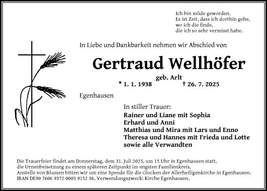 Traueranzeige von Gertraud Wellhöfer von Neustadt/ Scheinfeld/ Uffenheim