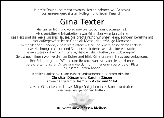 Traueranzeige von Gina Texter von Rothenburg