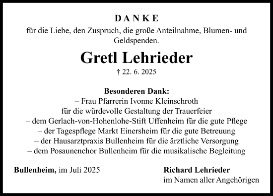 Traueranzeige von Gretl Lehrieder von Neustadt/ Scheinfeld/ Uffenheim