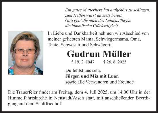 Traueranzeige von Gudrun Müller von Neustadt/ Scheinfeld/ Uffenheim