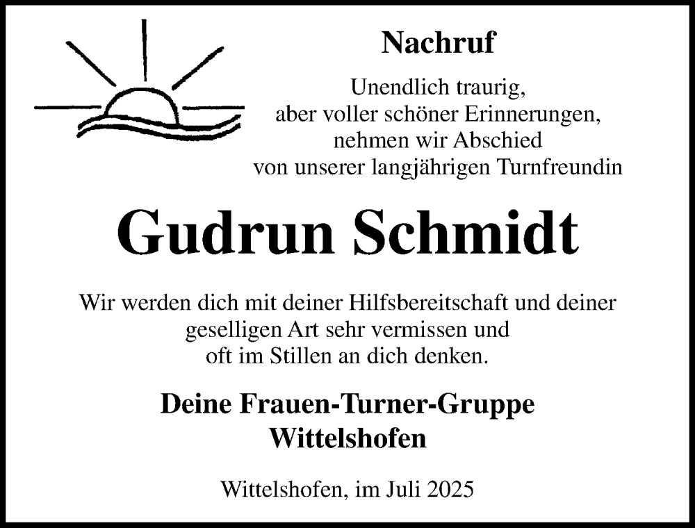  Traueranzeige für Gudrun Schmidt vom 26.07.2025 aus Dinkelsbühl/ Feuchtwangen