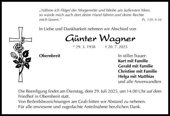 Traueranzeige von Günter Wagner von Neustadt/ Scheinfeld/ Uffenheim