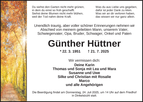 Traueranzeige von Günther Hüttner von Dinkelsbühl/ Feuchtwangen