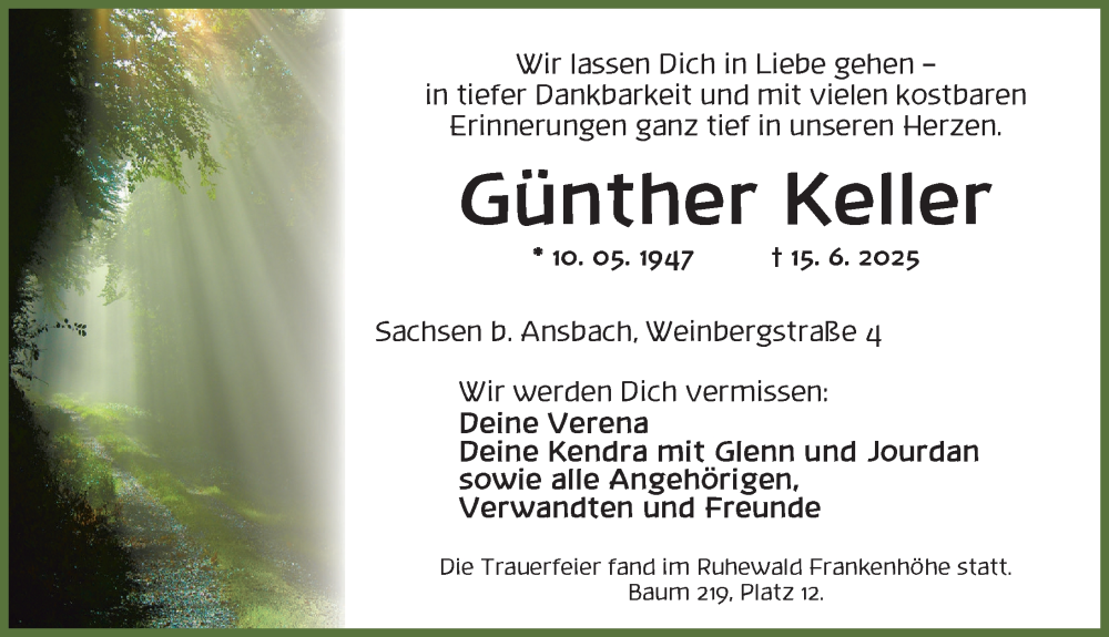  Traueranzeige für Günther Keller vom 19.07.2025 aus Ansbach