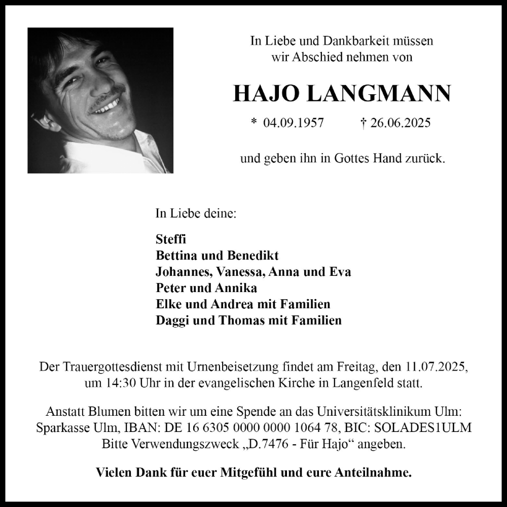  Traueranzeige für Hajo Langmann vom 05.07.2025 aus Neustadt/ Scheinfeld/ Uffenheim