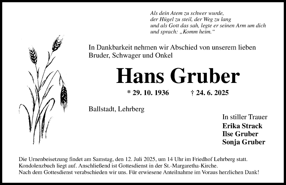  Traueranzeige für Hans Gruber vom 09.07.2025 aus Ansbach