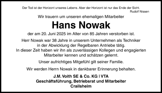 Traueranzeige von Hans Nowak von Dinkelsbühl/ Feuchtwangen