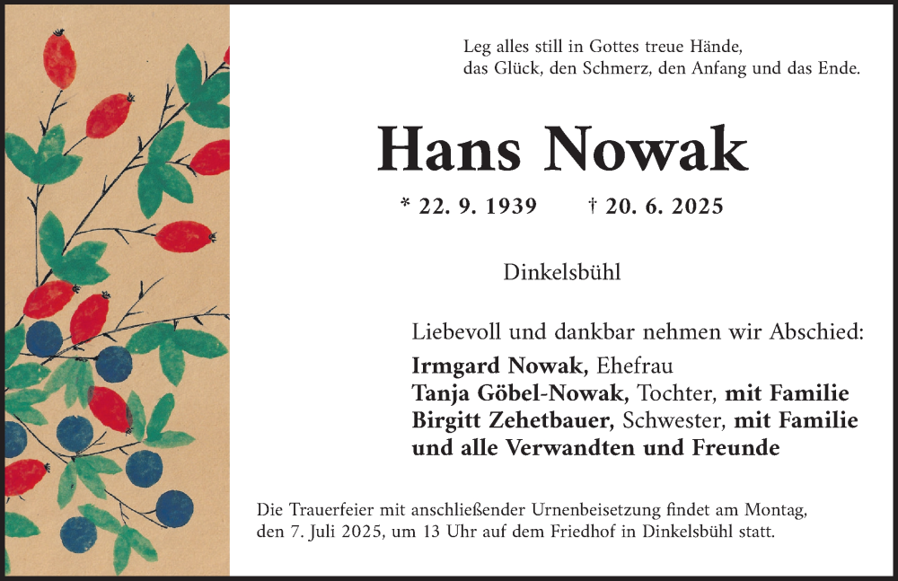 Traueranzeige für Hans Nowak vom 03.07.2025 aus Dinkelsbühl/ Feuchtwangen
