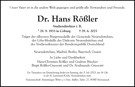 Traueranzeige von Hans Rößler von Ansbach