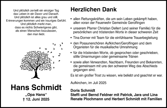 Traueranzeige von Hans Schmidt von Dinkelsbühl/ Feuchtwangen