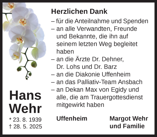 Traueranzeige von Hans Wehr von Neustadt/ Scheinfeld/ Uffenheim
