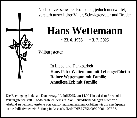 Traueranzeige von Hans Wettemann von Dinkelsbühl/ Feuchtwangen