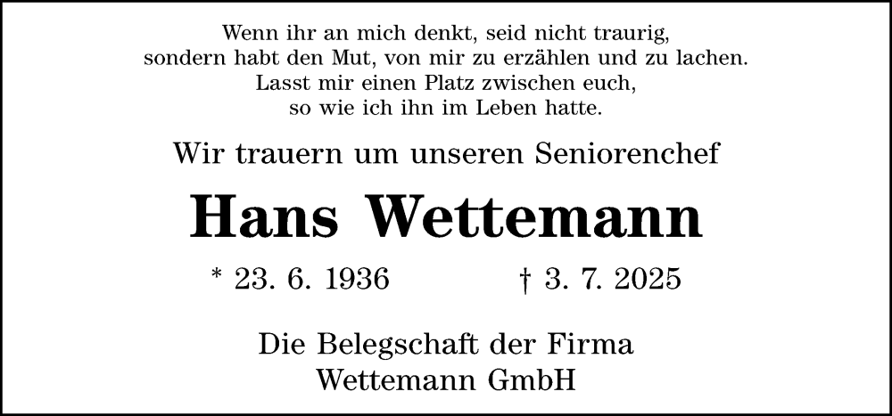  Traueranzeige für Hans Wettemann vom 09.07.2025 aus Dinkelsbühl/ Feuchtwangen