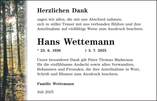 Traueranzeige von Hans Wettemann von Dinkelsbühl/ Feuchtwangen