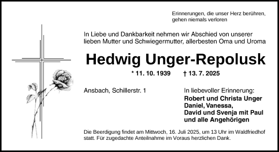 Traueranzeige von Hedwig Unger-Repolusk von Ansbach