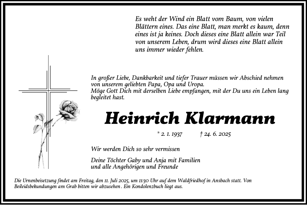  Traueranzeige für Heinrich Klarmann vom 05.07.2025 aus Ansbach