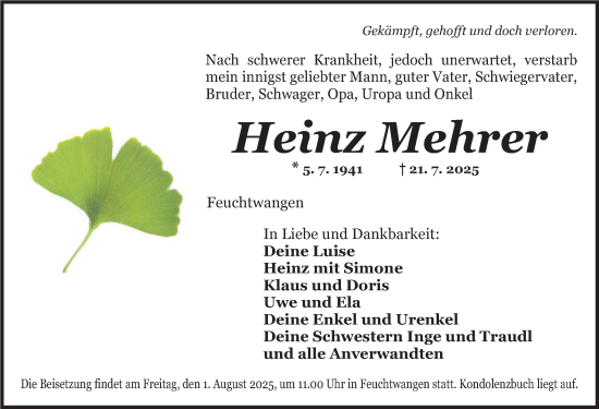 Traueranzeige von Heinz Mehrer von Dinkelsbühl/ Feuchtwangen