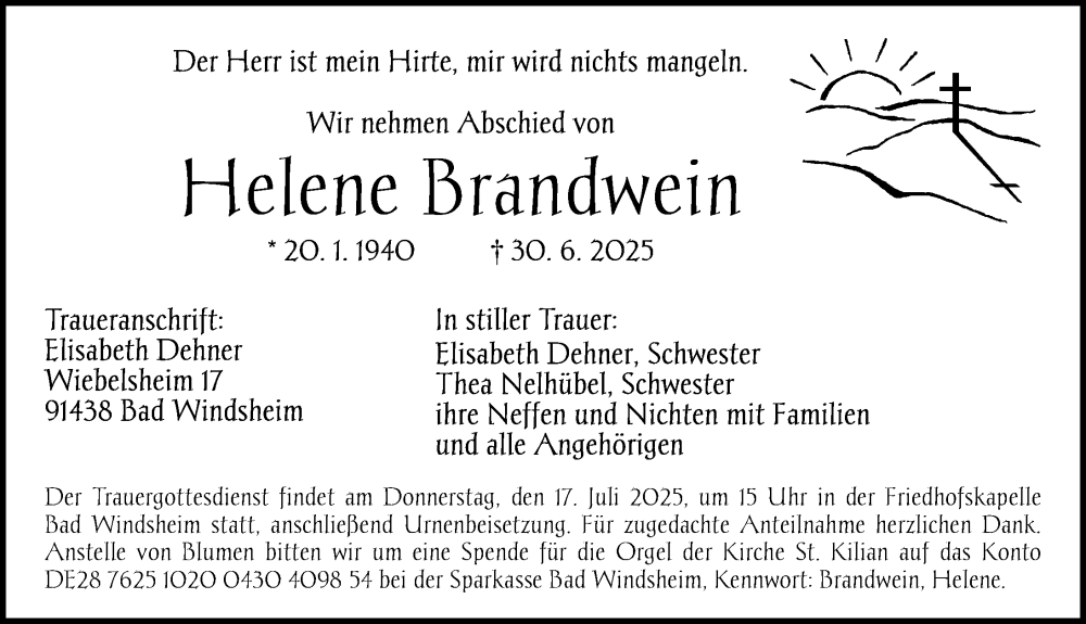  Traueranzeige für Helene Brandwein vom 14.07.2025 aus Neustadt/ Scheinfeld/ Uffenheim