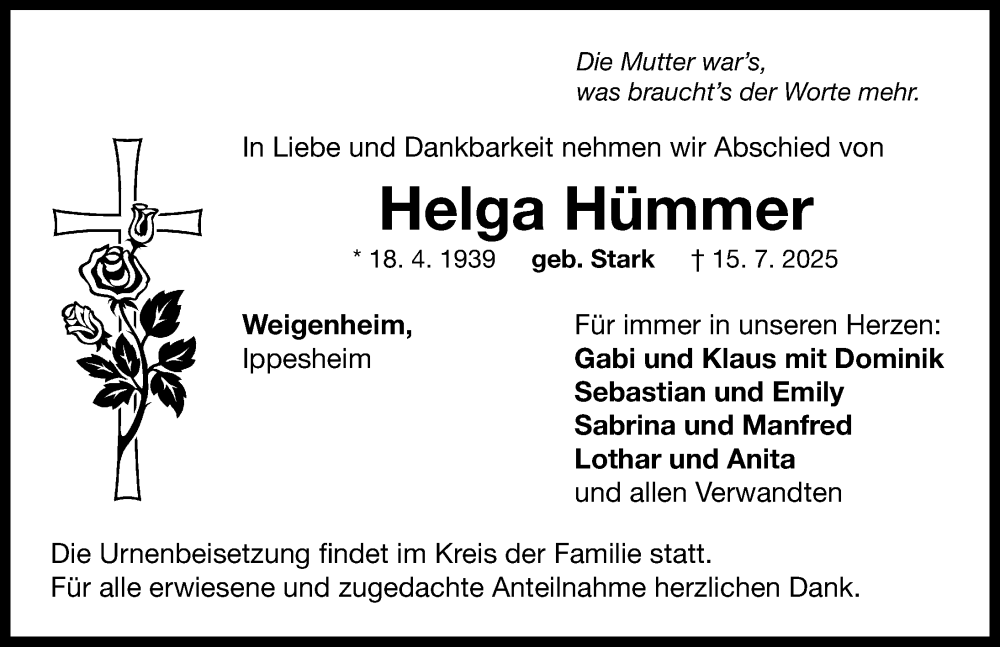  Traueranzeige für Helga Hümmer vom 19.07.2025 aus Neustadt/ Scheinfeld/ Uffenheim