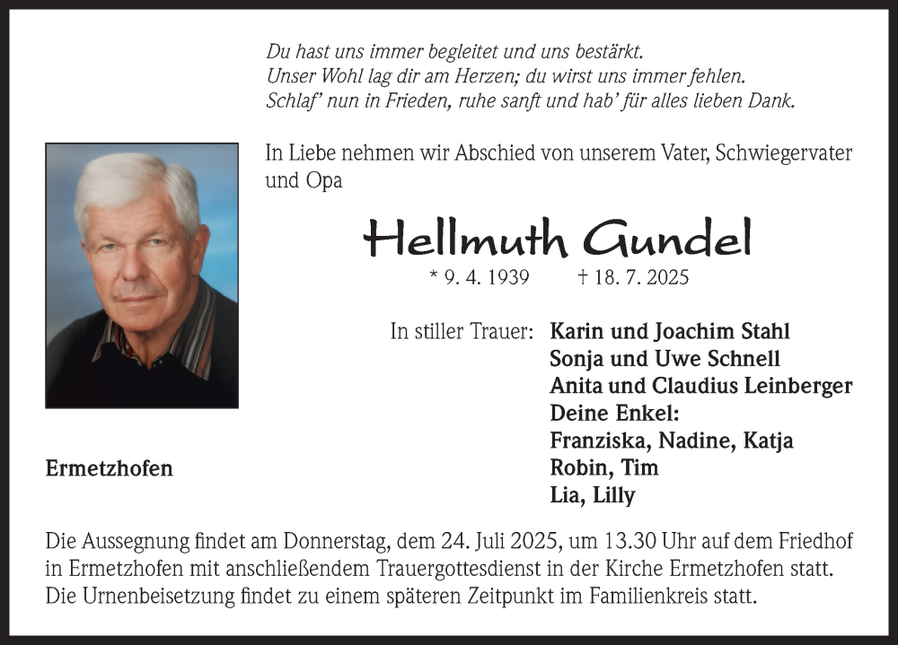  Traueranzeige für Hellmuth Gundel vom 22.07.2025 aus Neustadt/ Scheinfeld/ Uffenheim