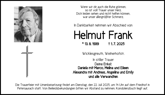 Traueranzeige von Helmut Frank von Ansbach