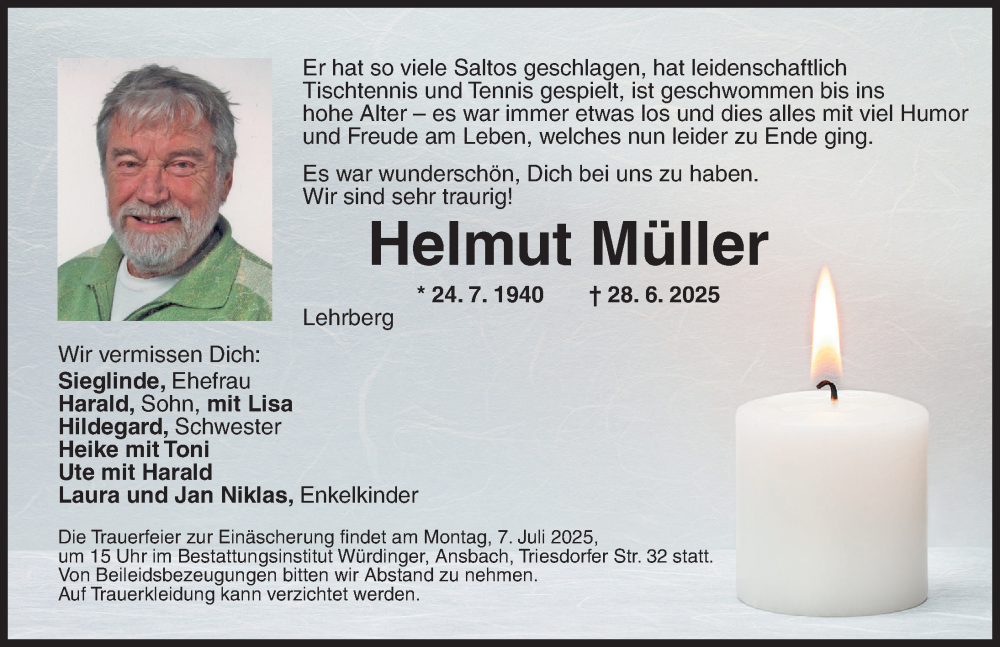  Traueranzeige für Helmut Müller vom 02.07.2025 aus Ansbach