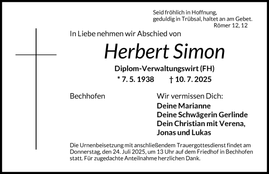 Traueranzeige von Herbert Simon von Dinkelsbühl/ Feuchtwangen