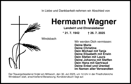 Traueranzeige von Hermann Wagner von Ansbach
