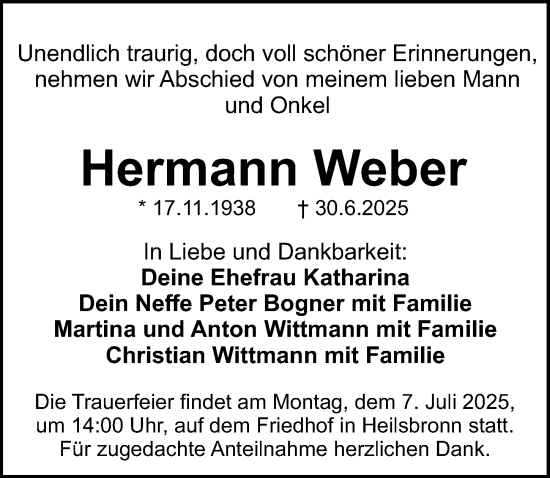 Traueranzeige von Hermann Weber von Ansbach