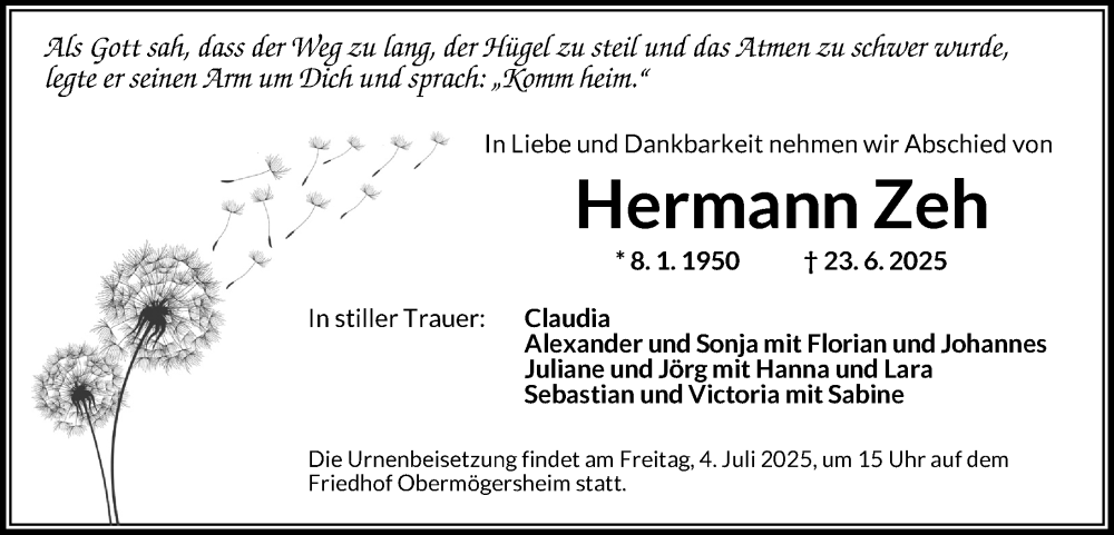  Traueranzeige für Hermann Zeh vom 01.07.2025 aus Dinkelsbühl/ Feuchtwangen