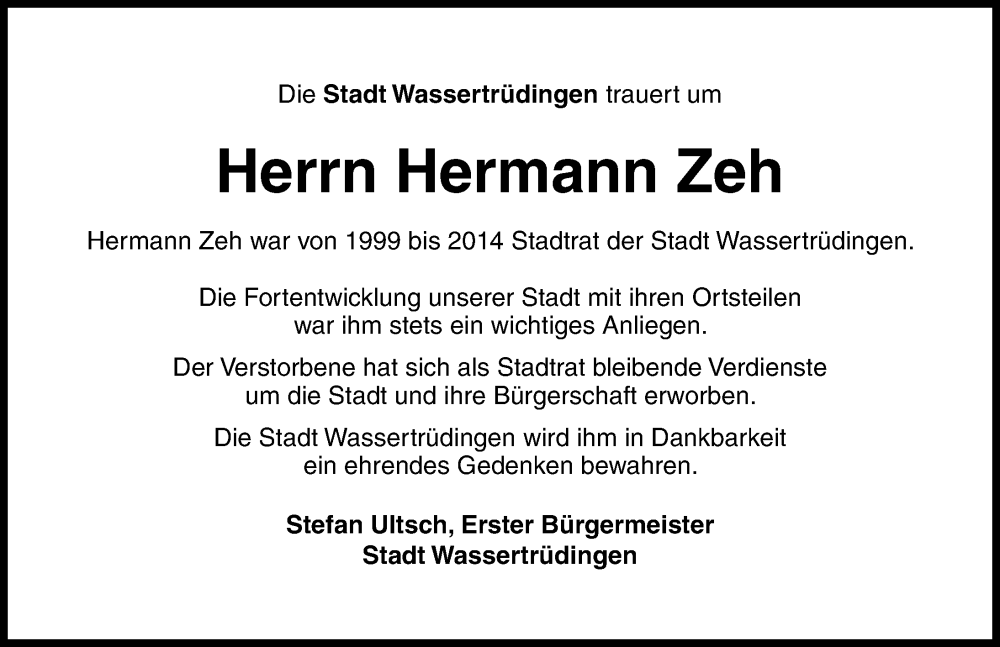  Traueranzeige für Hermann Zeh vom 03.07.2025 aus Dinkelsbühl/ Feuchtwangen