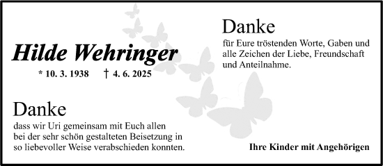 Traueranzeige von Hilde Wehringer von Dinkelsbühl/ Feuchtwangen