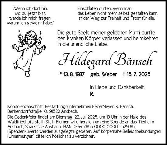 Traueranzeige von Hildegard Bänsch von Ansbach