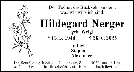 Traueranzeige von Hildegard Nerger von Dinkelsbühl/ Feuchtwangen
