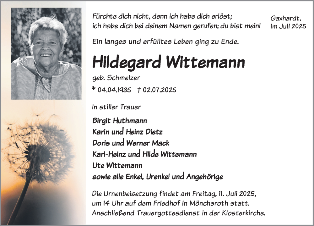  Traueranzeige für Hildegard Wittemann vom 09.07.2025 aus Dinkelsbühl/ Feuchtwangen
