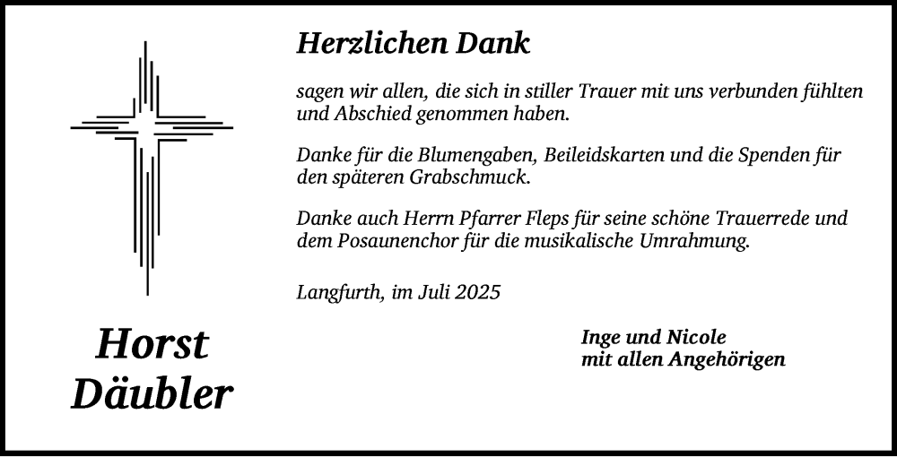  Traueranzeige für Horst Däubler vom 15.07.2025 aus Dinkelsbühl/ Feuchtwangen