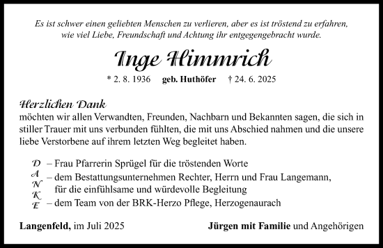 Traueranzeige von Inge Himmrich von Neustadt/ Scheinfeld/ Uffenheim