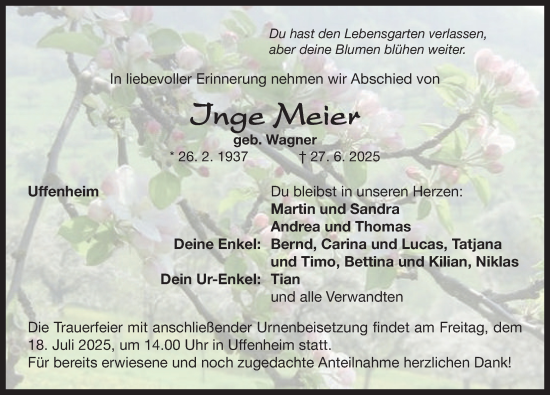 Traueranzeige von Inge Meier von Neustadt/ Scheinfeld/ Uffenheim