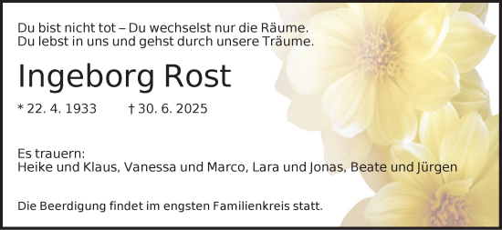 Traueranzeige von Ingeborg Rost von Neustadt/ Scheinfeld/ Uffenheim