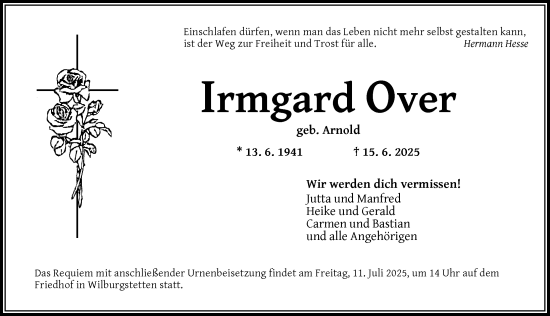 Traueranzeige von Irmgard Over von Dinkelsbühl/ Feuchtwangen